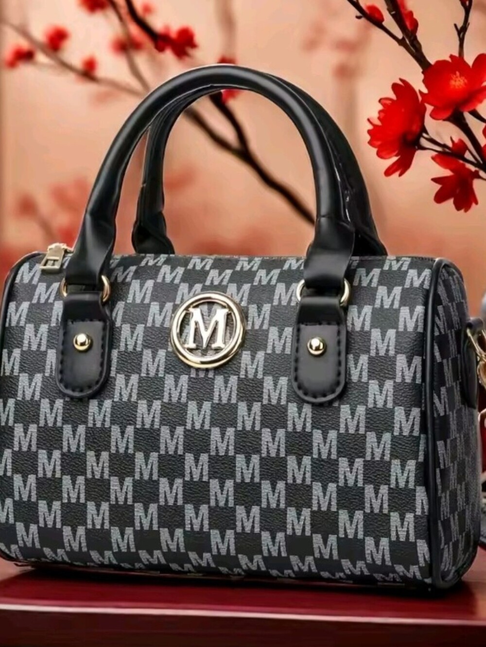 Women's Alphabet Shoulder Bag With Golden M Logo Synthetic Faux Leather Bag